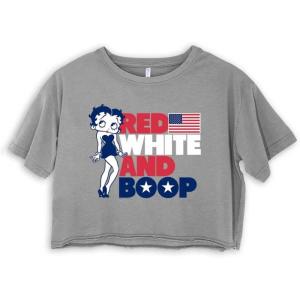Betty Boop Red White Blue Patriotic Womens Raw Edge Crop T-Shirt(Grey)
