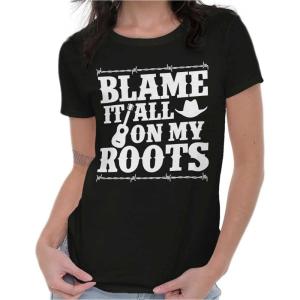 Blame It On My Roots Country Music Womens Slim Fit Graphic Tee(Black)