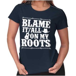 Blame It On My Roots Country Music Womens Slim Fit Graphic Tee(Navy)