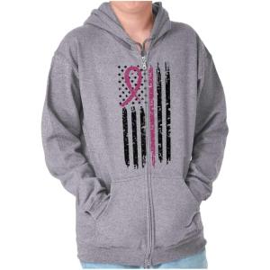 Breast Cancer Pink Line American Flag Zip Up Hoodie Mens Womens(Sport Grey)