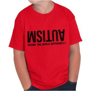 Brisco Brands Autism Seeing The World Differently Crewneck T Shirts Boy Girl(Red)