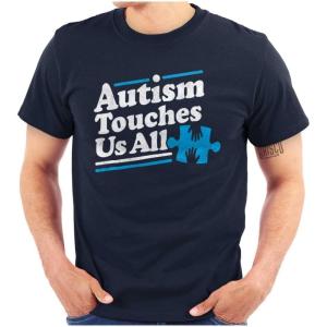 Brisco Brands Autism Touches Us All Puzzle Piece Graphic T Shirt Men or Women(Navy)