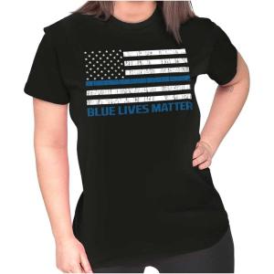 Brisco Brands Blue Line American Flag Support Womens Slim Fit Graphic Tee(Black)