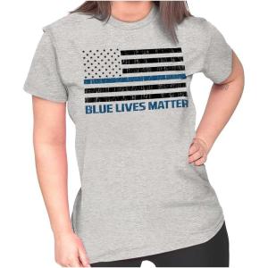 Brisco Brands Blue Line American Flag Support Womens Slim Fit Graphic Tee(Sport Grey)