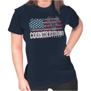 Brisco Brands Country Strong Flag Deer Southwestern Womens Slim Fit Graphic Tee(Navy)