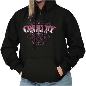 Brisco Brands Country Strong Western Stars Cowgirl Hoodie Sweatshirt Women(Black)
