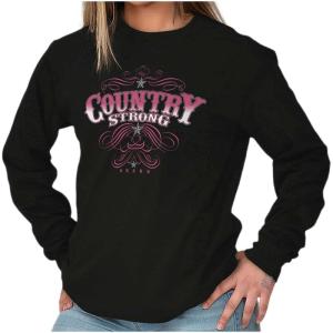 Brisco Brands Country Strong Western Stars Cowgirl Women’s Long Sleeve T Shirt(Black)