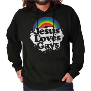 Brisco Brands Jesus Loves Gays Rainbow Retro Fun Hoodie Sweatshirt Women Men(Black)