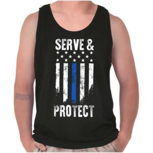 Brisco Brands Protect and Serve Blue Line USA Flag Tank Top T Shirts Men Women(Black)