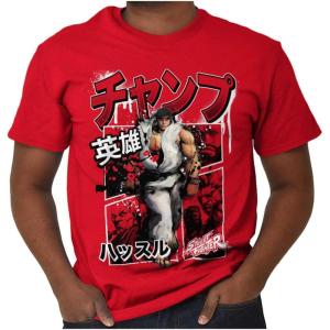 Brisco Brands Retro Kanji Street Fighter Ryu Mens Graphic T Shirt Tees(Red)