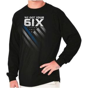 Brisco Brands We Got Your Six Blue Line USA Flag Long Sleeve Tshirt Men Women(Black)