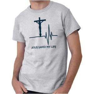 Christian Strong Jesus Saved My Life Crucifix Graphic T Shirt Men or Women(Ash Grey)