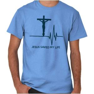 Christian Strong Jesus Saved My Life Crucifix Graphic T Shirt Men or Women(Carolina Blue)