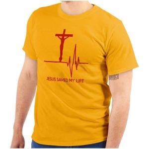 Christian Strong Jesus Saved My Life Crucifix Graphic T Shirt Men or Women(Gold)