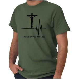 Christian Strong Jesus Saved My Life Crucifix Graphic T Shirt Men or Women(Military Green)
