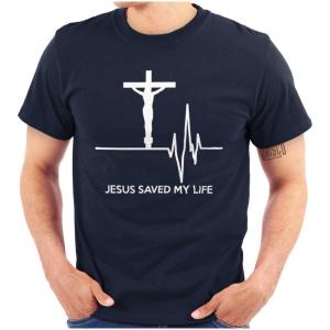 Christian Strong Jesus Saved My Life Crucifix Graphic T Shirt Men or Women(Navy)
