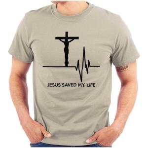 Christian Strong Jesus Saved My Life Crucifix Graphic T Shirt Men or Women(Sand)