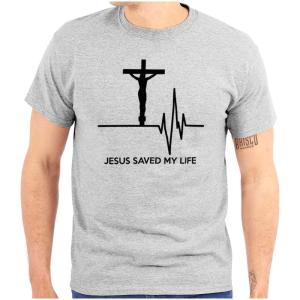Christian Strong Jesus Saved My Life Crucifix Graphic T Shirt Men or Women(Sport Grey)