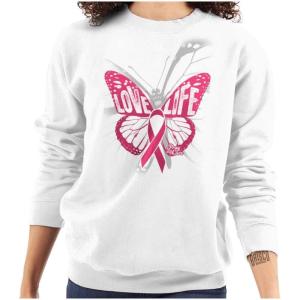 Classic Teaze Love Life Butterfly Breast Cancer Women Crewneck Sweatshirt(White)