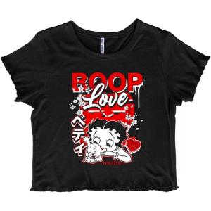 Cool Kanji Style Betty Boop Love Juniors Lettuce Trim Crop Top Womens Baby Tee(Black)