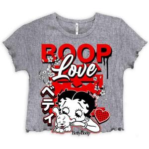 Cool Kanji Style Betty Boop Love Juniors Lettuce Trim Crop Top Womens Baby Tee(Sport Grey)