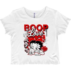 Cool Kanji Style Betty Boop Love Juniors Lettuce Trim Crop Top Womens Baby Tee(White)
