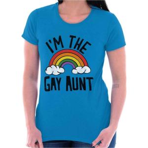Cute Rainbow Proud LGBTQ Gay Auntie Womens Slim Fit Graphic Tee(Sapphire)