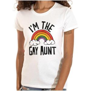 Cute Rainbow Proud LGBTQ Gay Auntie Womens Slim Fit Graphic Tee(White)