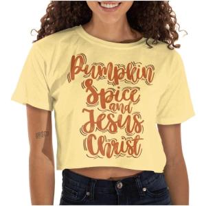 Fall Pumpkin Spice and Jesus Christ Womens Raw Edge Crop T-Shirt(Banana)
