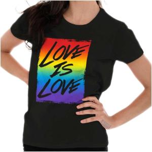 LGBT Love is Love Gay Pride Rainbow Womens Slim Fit Graphic Tee(Black)