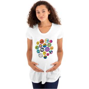 Womens Maternity 80s Retro MTV Logo Colorful Buttons T Shirt Tee