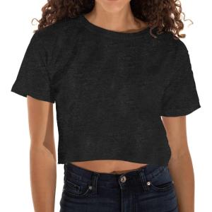 Womens Raw Edge Crop Top Juniors Short Sleeve Crewneck T-Shirt(Dark Heather)