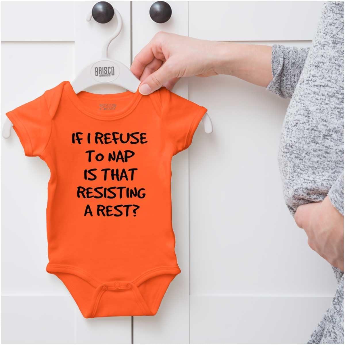 imageBrisco Brands 9 Months Inside Resisting A Rest Funny Baby Romper Boys or GirlsResisting a Rest Orange
