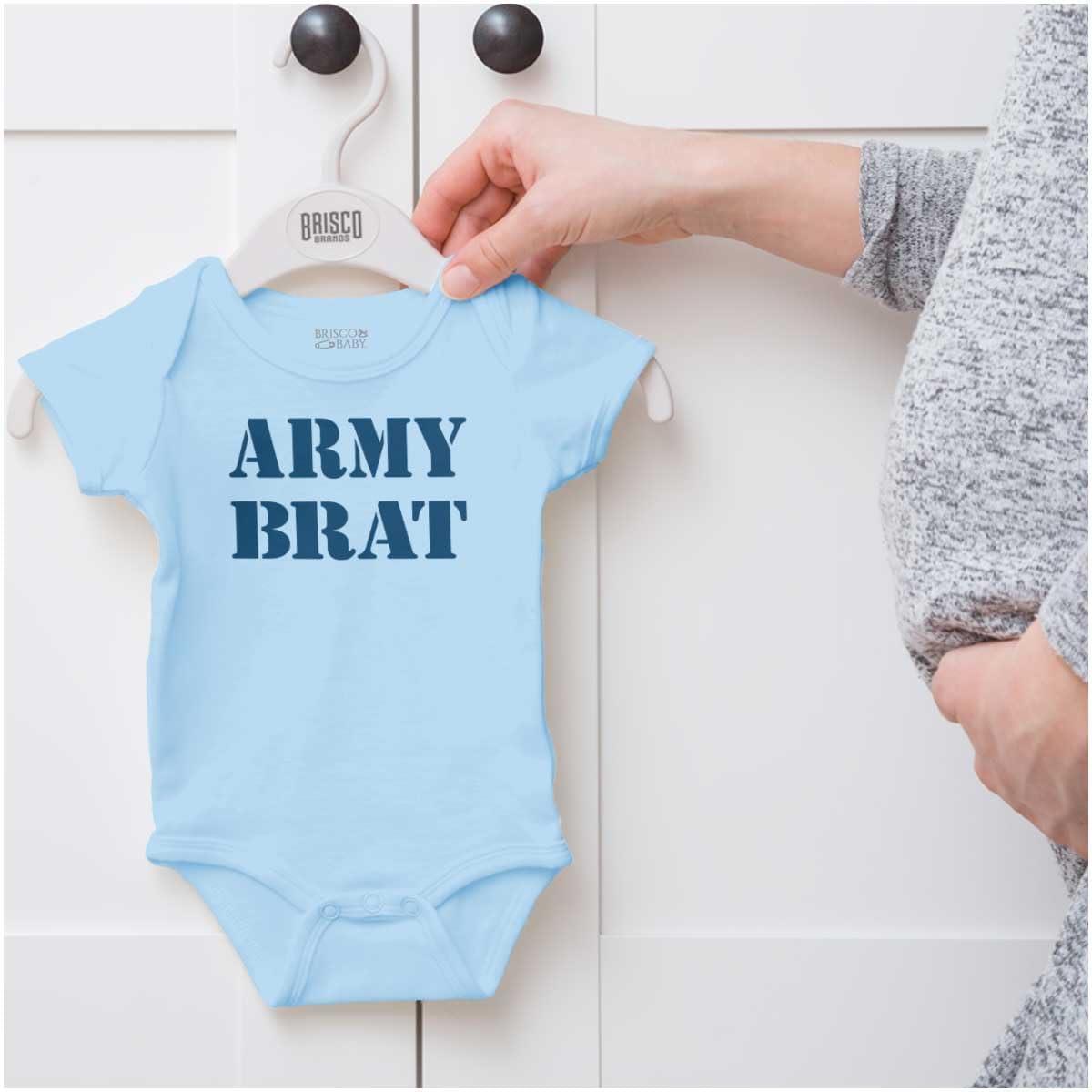imageBrisco Brands Army Brat Funny Military USA Child Baby Romper Boys or GirlsLight Blue
