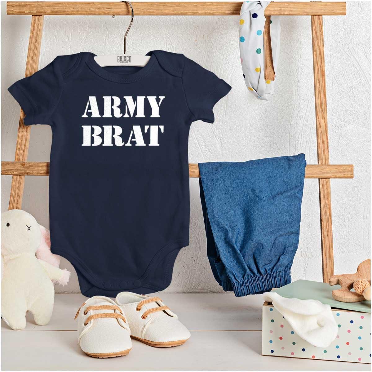 imageBrisco Brands Army Brat Funny Military USA Child Baby Romper Boys or GirlsNavy