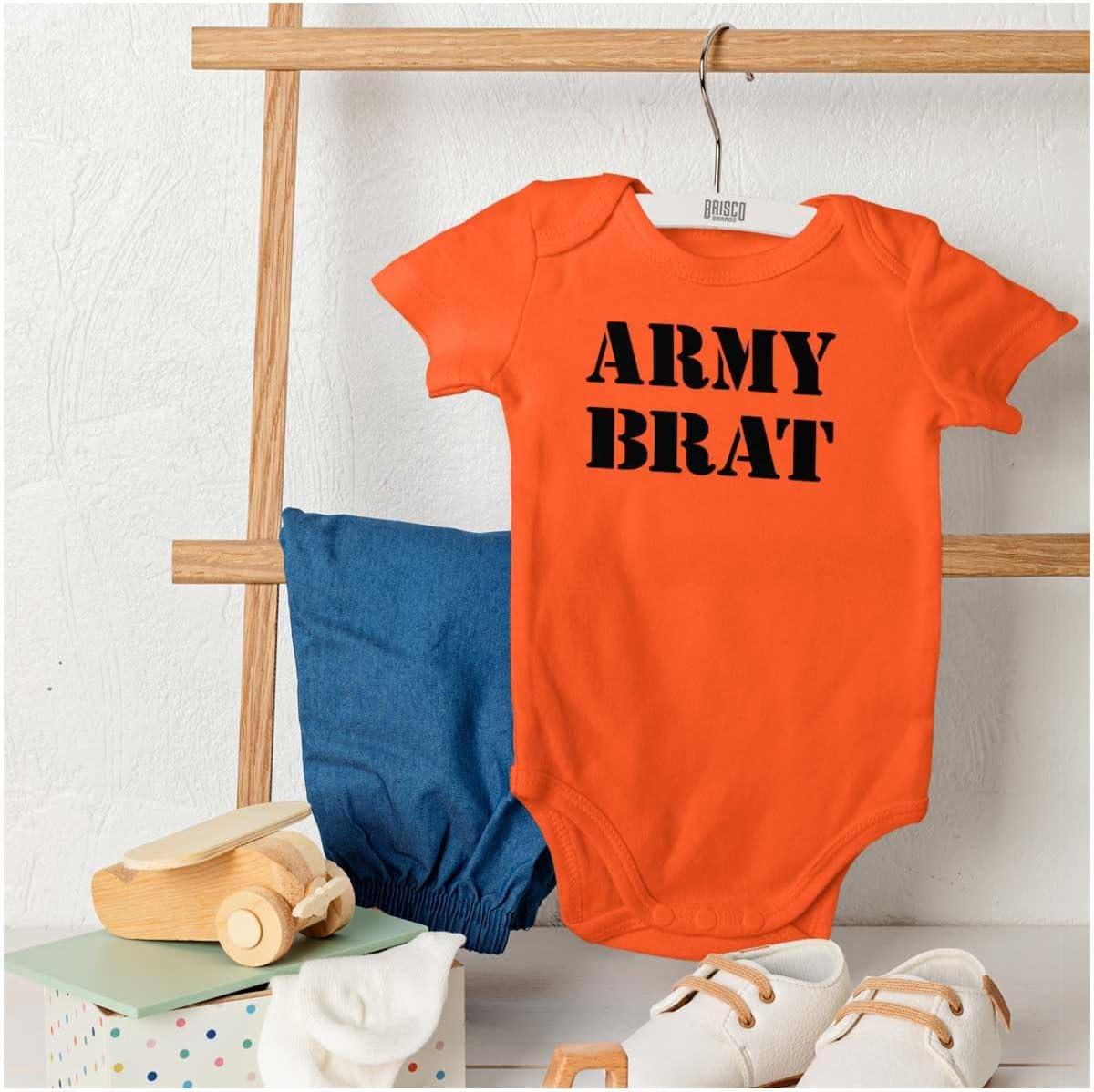 imageBrisco Brands Army Brat Funny Military USA Child Baby Romper Boys or GirlsOrange