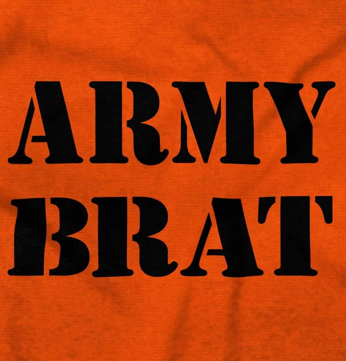 imageBrisco Brands Army Brat Funny Military USA Child Baby Romper Boys or GirlsOrange