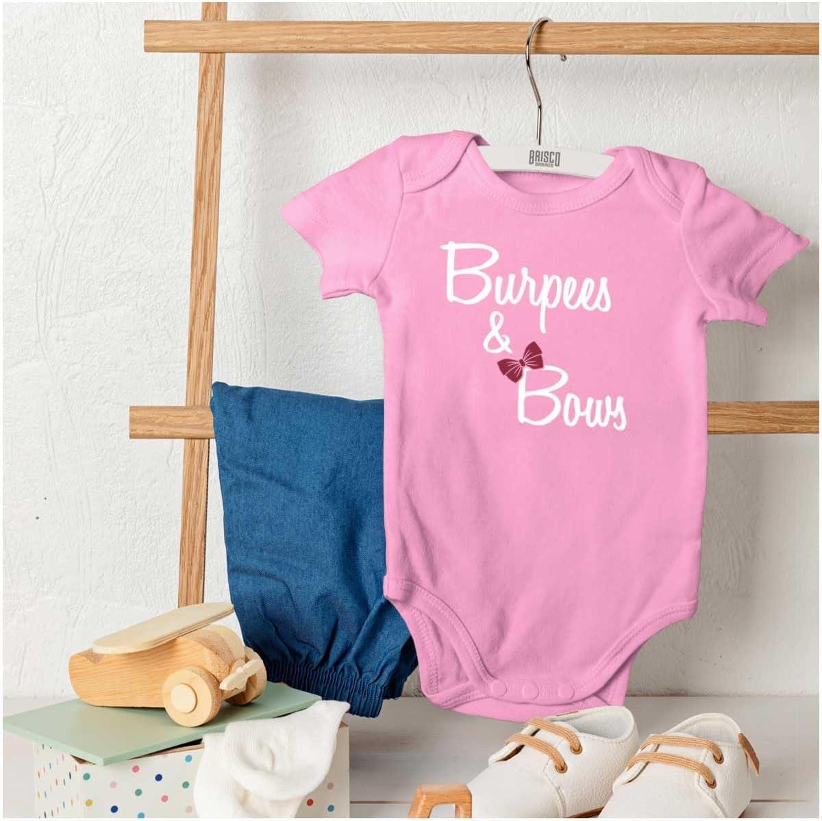 imageBrisco Brands Burpees And Bows Little Workout Gym Baby Bodysuit Jumper GirlsPink