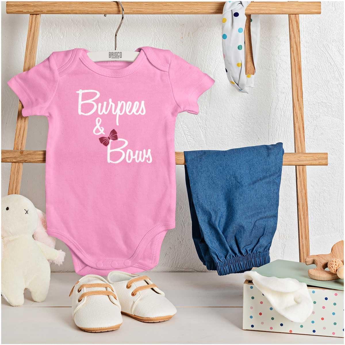 imageBrisco Brands Burpees And Bows Little Workout Gym Baby Bodysuit Jumper GirlsPink