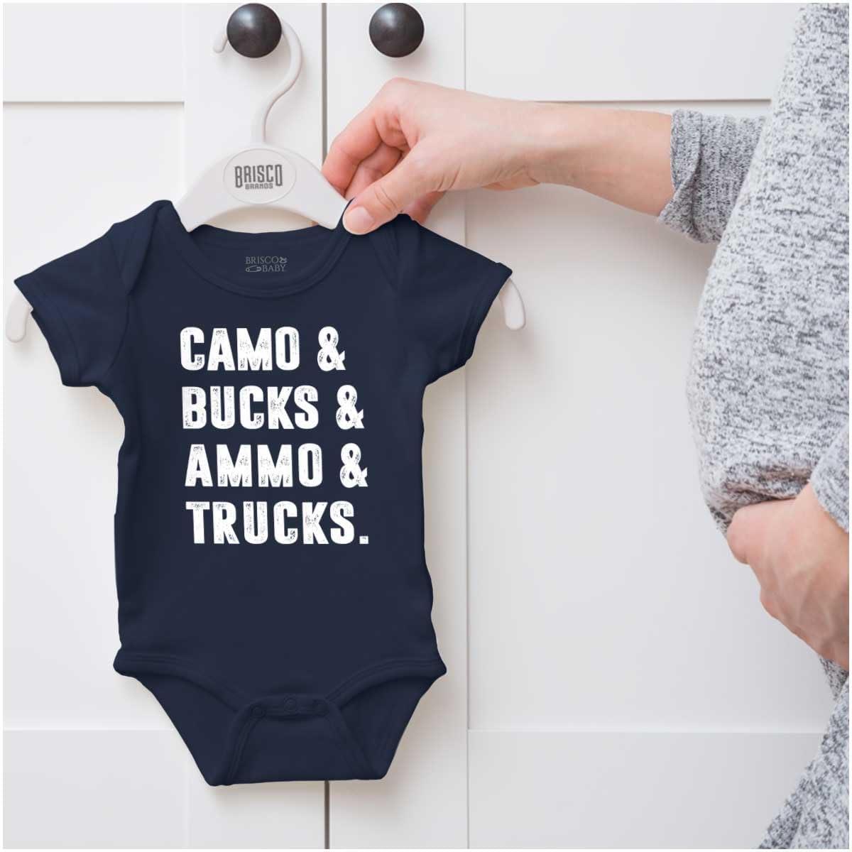 imageBrisco Brands Camo Bucks Trucks Cute Hunter Son Baby Bodysuit Jumper BoysNavy