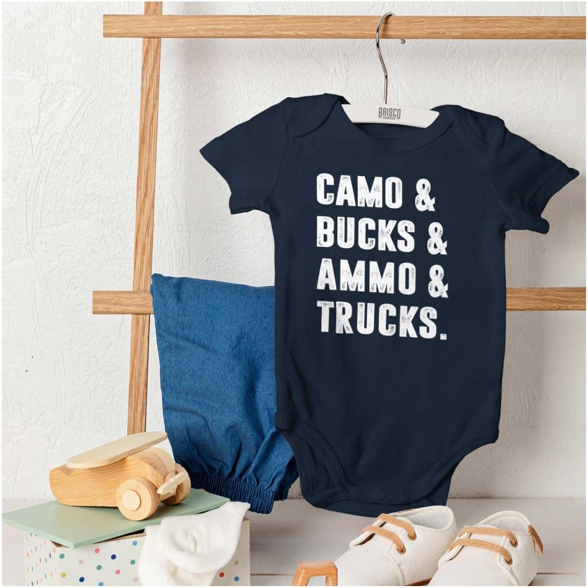 imageBrisco Brands Camo Bucks Trucks Cute Hunter Son Baby Bodysuit Jumper BoysNavy