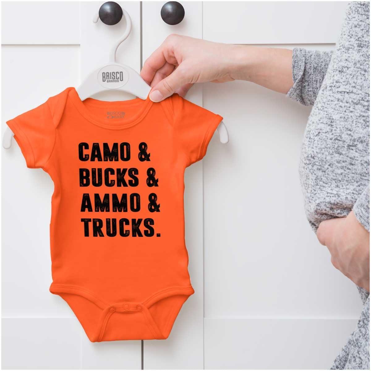 imageBrisco Brands Camo Bucks Trucks Cute Hunter Son Baby Bodysuit Jumper BoysOrange