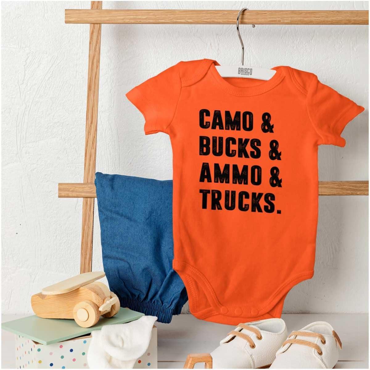 imageBrisco Brands Camo Bucks Trucks Cute Hunter Son Baby Bodysuit Jumper BoysOrange