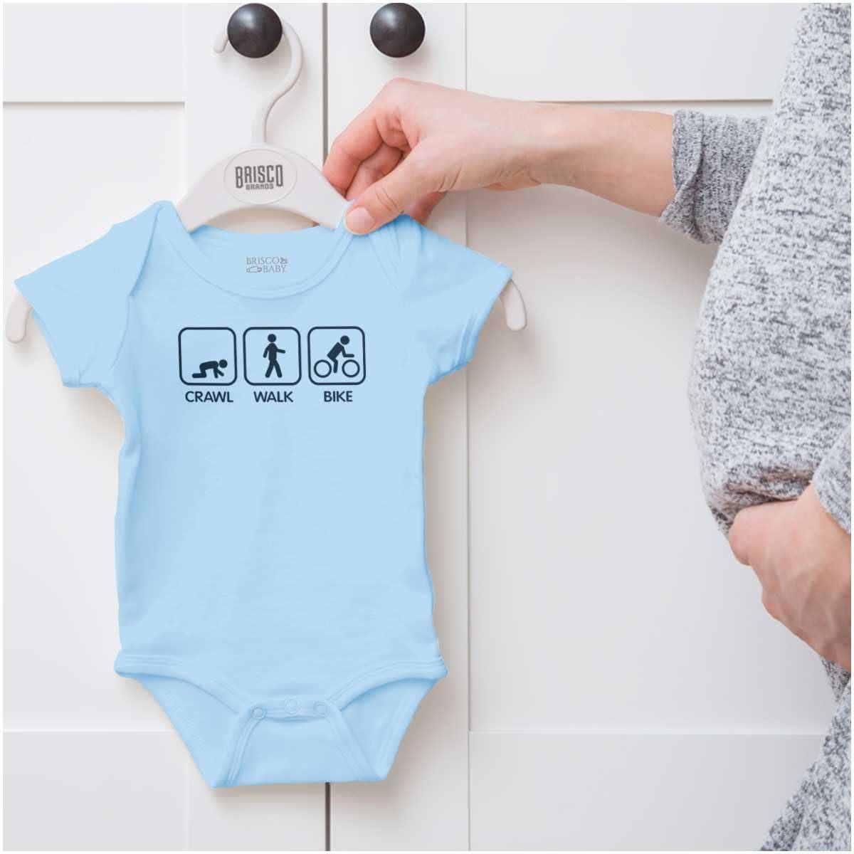 imageBrisco Brands Crawl Walk Bike Street Sign Humor Baby Romper Boys or GirlsLight Blue