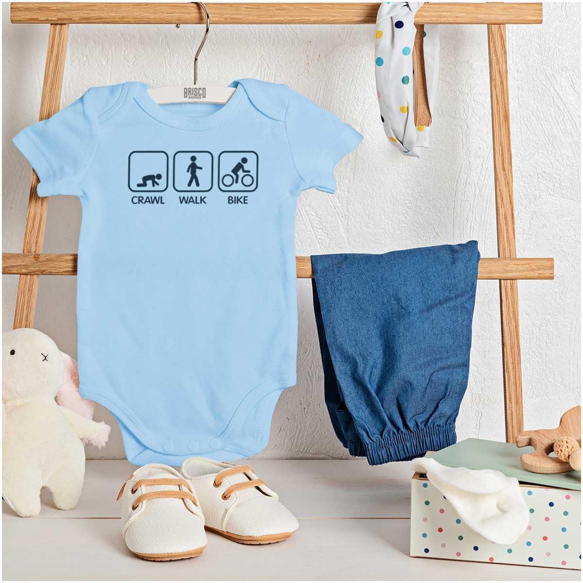 imageBrisco Brands Crawl Walk Bike Street Sign Humor Baby Romper Boys or GirlsLight Blue