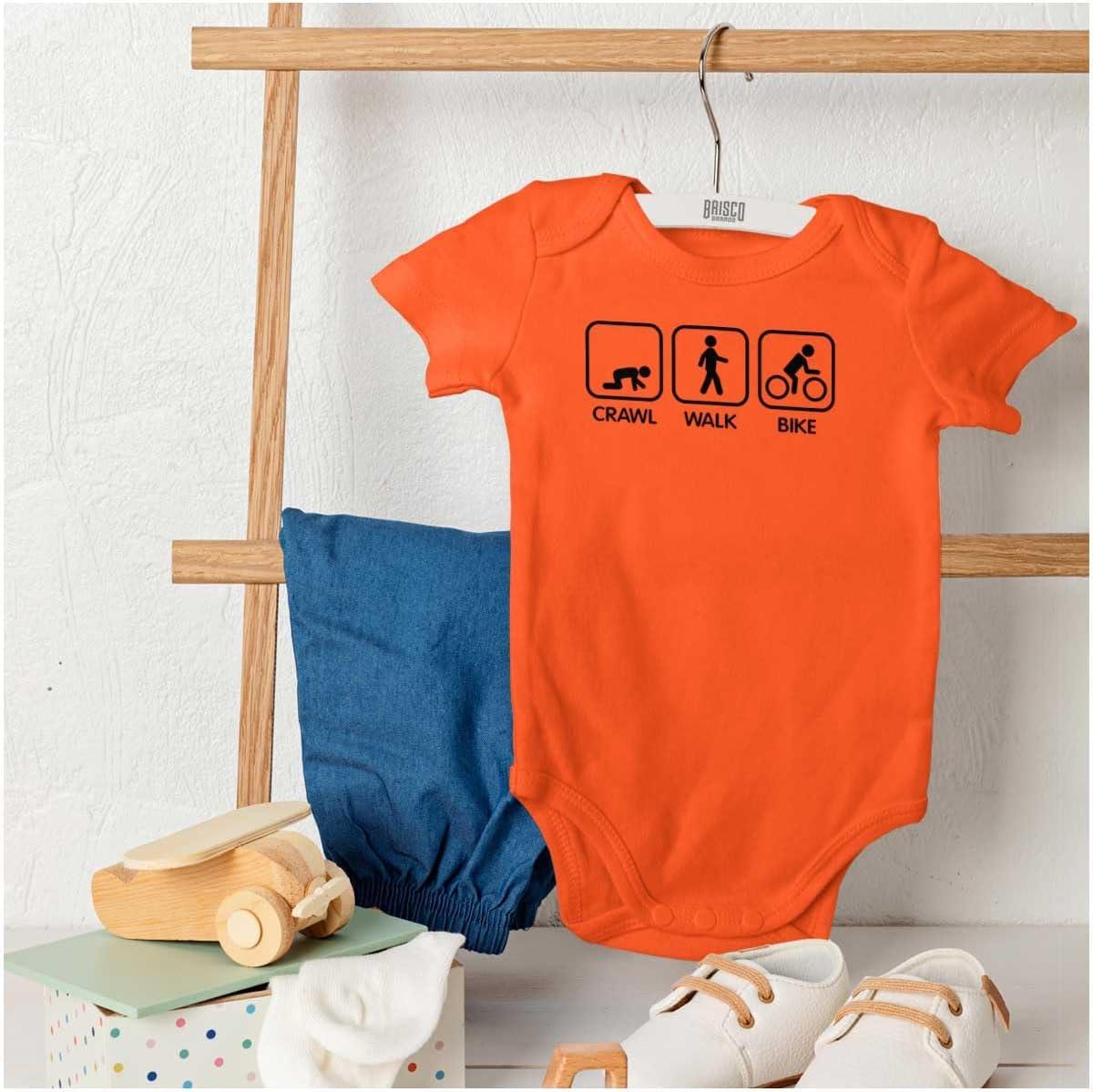imageBrisco Brands Crawl Walk Bike Street Sign Humor Baby Romper Boys or GirlsOrange