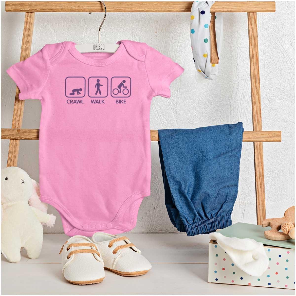 imageBrisco Brands Crawl Walk Bike Street Sign Humor Baby Romper Boys or GirlsPink