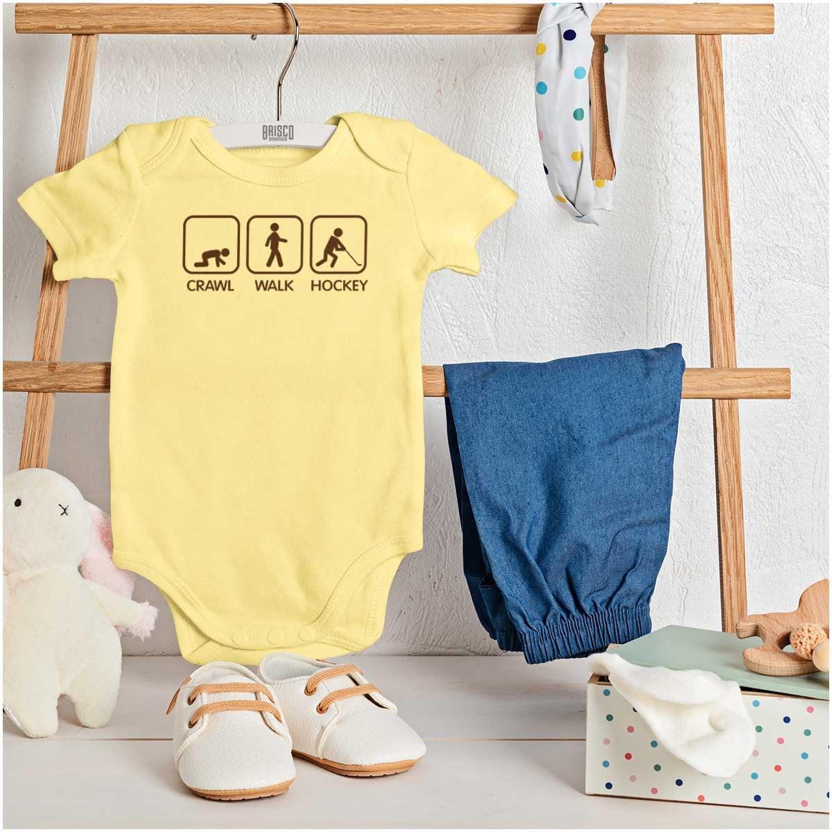 imageBrisco Brands Crawl Walk Hockey Street Sign Humor Baby Romper Boys or GirlsBanana