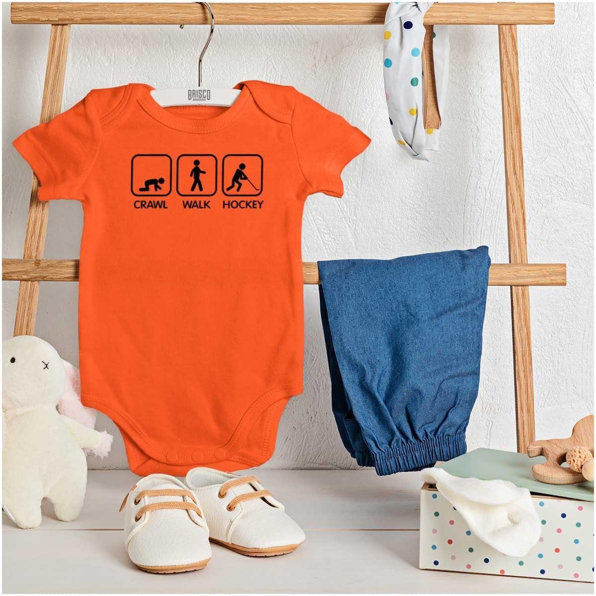 imageBrisco Brands Crawl Walk Hockey Street Sign Humor Baby Romper Boys or GirlsOrange