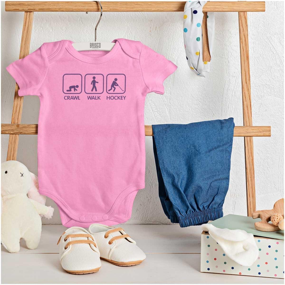 imageBrisco Brands Crawl Walk Hockey Street Sign Humor Baby Romper Boys or GirlsPink